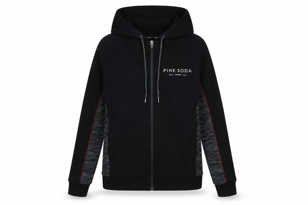 Front view of Pink Soda women’s black jacket, size UK 6, zip - logo