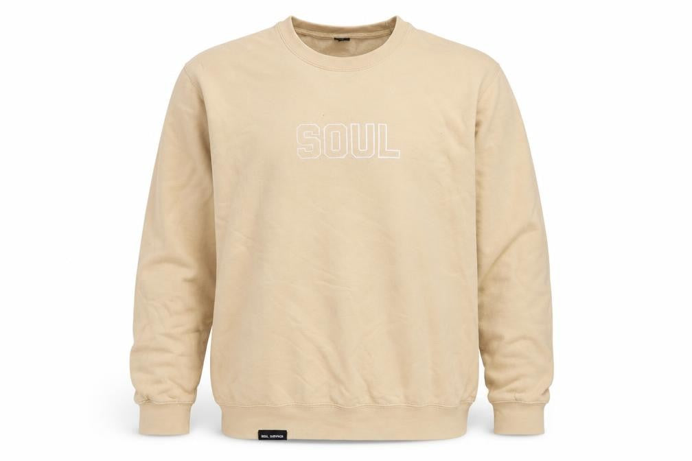 Front view of soul survivor men’s beige cotton pullover sweatshirt, size XL, - logo