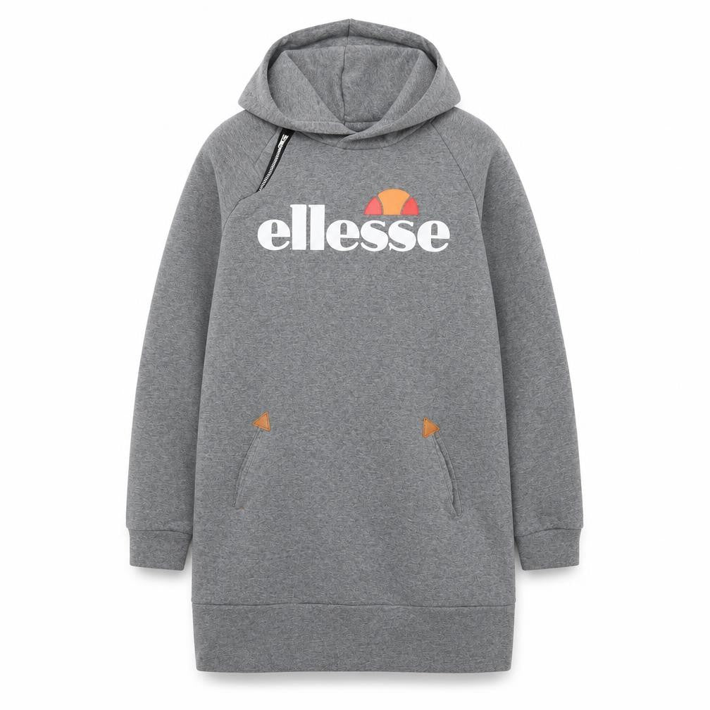 Front view of Ellesse women’s grey polyester pullover hoodie, size 2XL, - logo