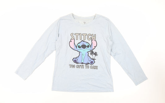 Front view of Disney women’s blue cotton basic t-shirt, size XS, crew neck - stich