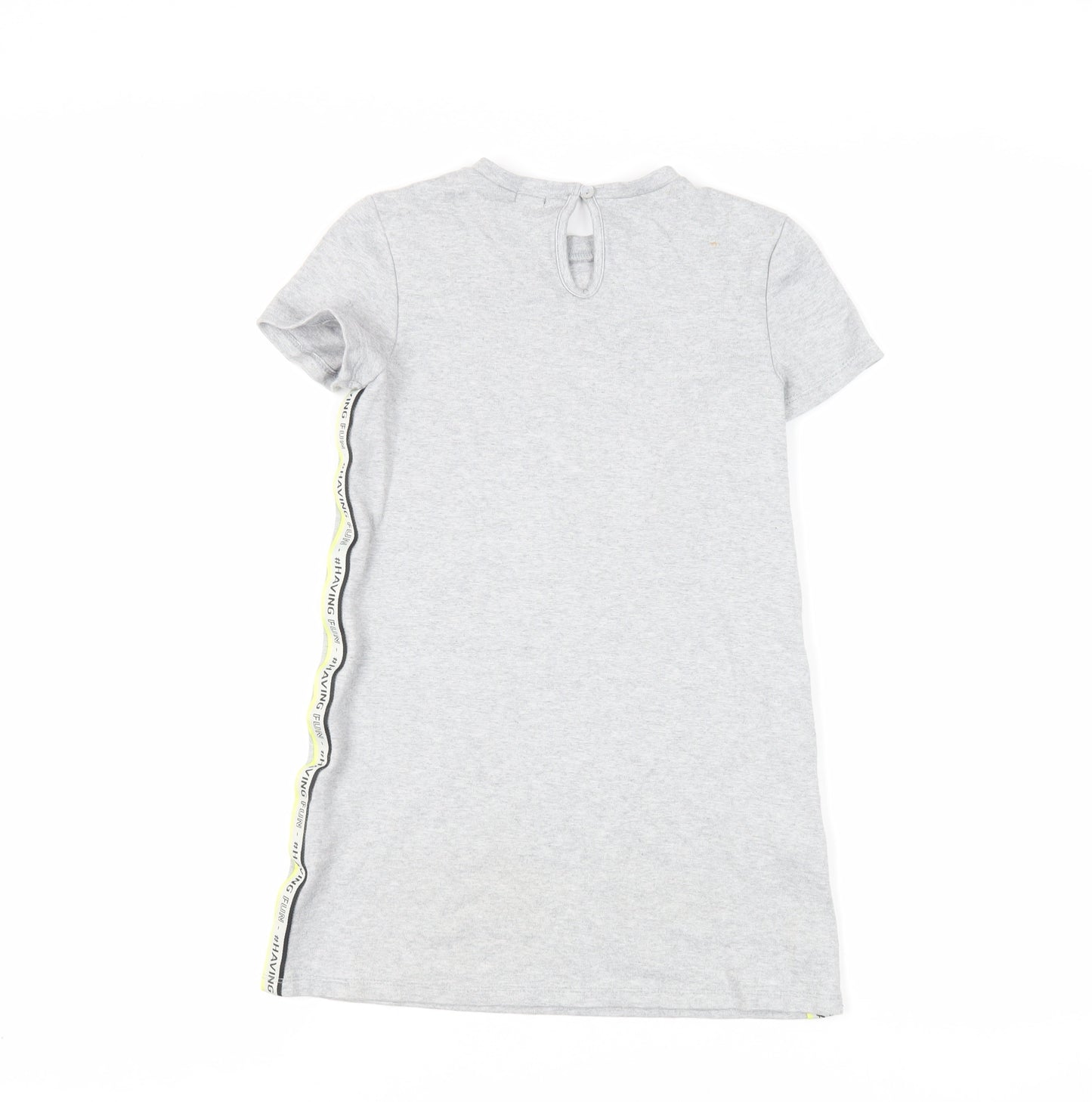 Kiabi Girls Grey Cotton T-Shirt Dress Size 10 Years Crew Neck Button - Side Stripe