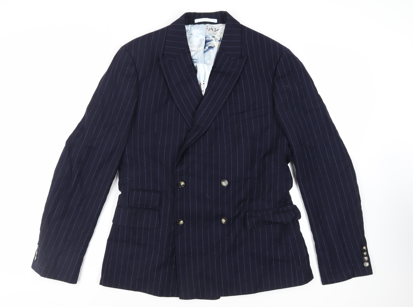 Moss London Mens Blue Striped Wool Jacket Blazer Size 44 Regular