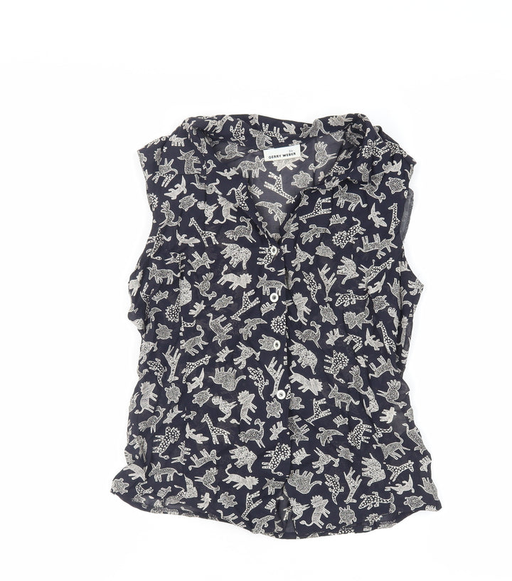 Gerry Weber Womens Blue Geometric Viscose Basic Button-Up Size 6 Collared - Sheer
