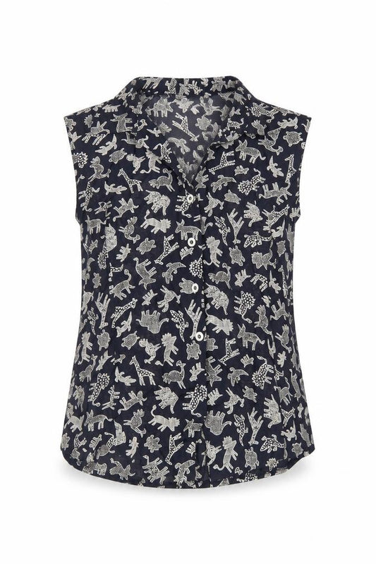 Front view of Gerry Weber women’s blue geometric viscose basic button-up, size UK 6, collared - sheer