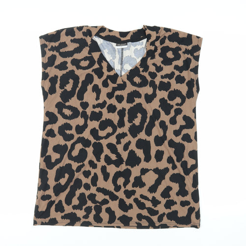 Beloved Womens Brown Animal Print Polyester Basic T-Shirt Size L V-Neck