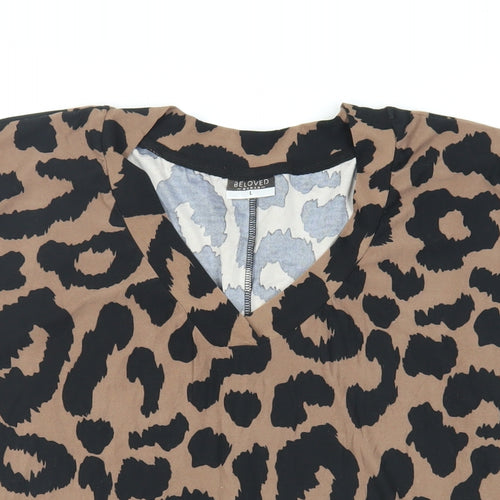 Beloved Womens Brown Animal Print Polyester Basic T-Shirt Size L V-Neck