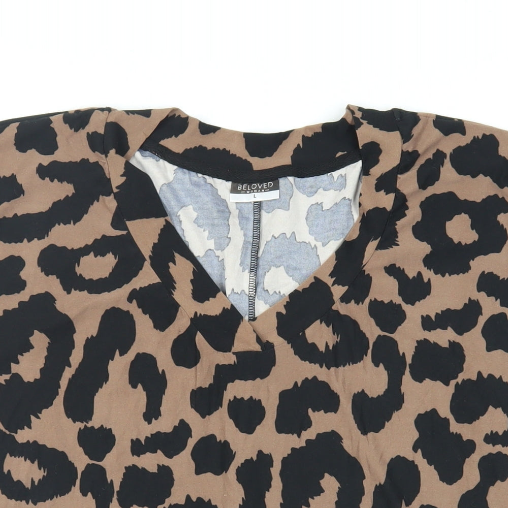 Beloved Womens Brown Animal Print Polyester Basic T-Shirt Size L V-Neck
