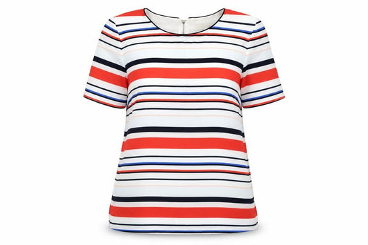 Front view of Oasis women’s multicoloured striped polyester basic blouse, size UK 12, round neck
