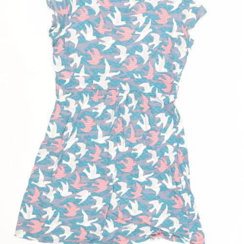 Lily & Me Womens Blue Geometric Cotton T-Shirt Dress Size 16 Boat Neck Pullover - Bird Pattern