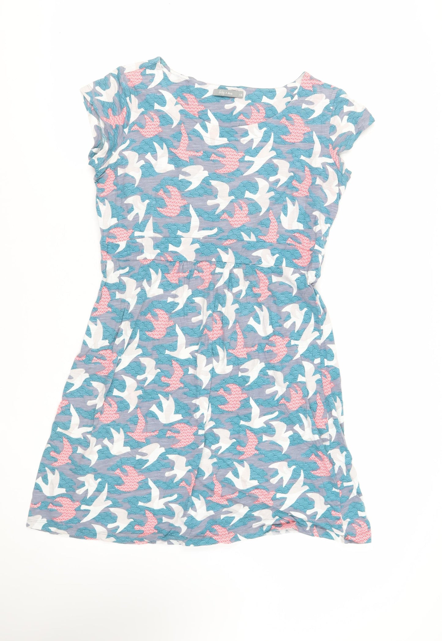 Lily & Me Womens Blue Geometric Cotton T-Shirt Dress Size 16 Boat Neck Pullover - Bird Pattern