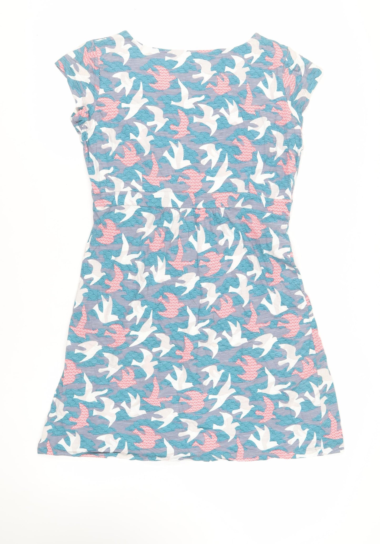 Lily & Me Womens Blue Geometric Cotton T-Shirt Dress Size 16 Boat Neck Pullover - Bird Pattern