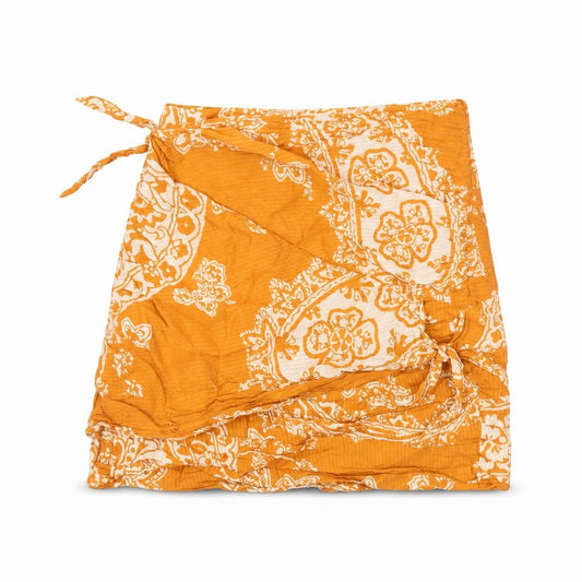 Front view of Zara women’s orange paisley cotton mini skirt, size XS, zip