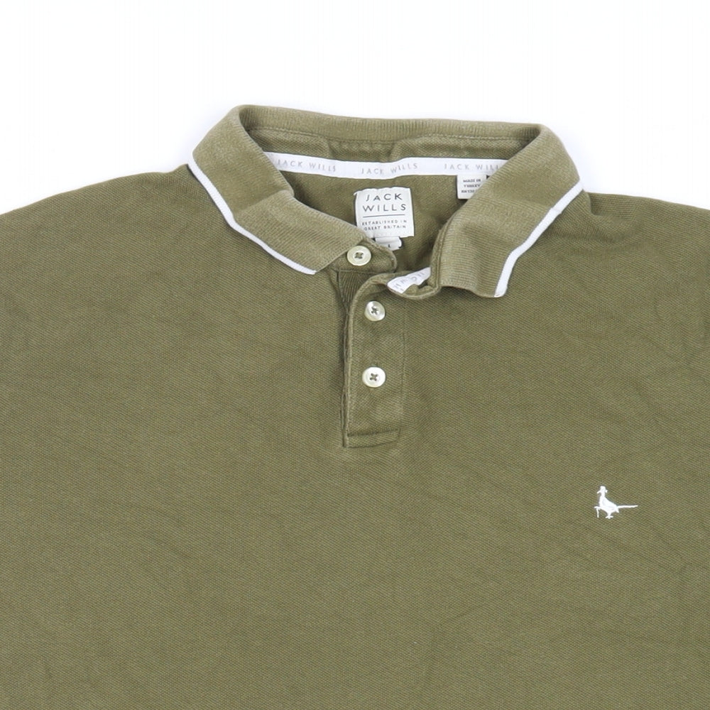 Jack Wills Mens Green Cotton Polo Size L Collared Button - Logo