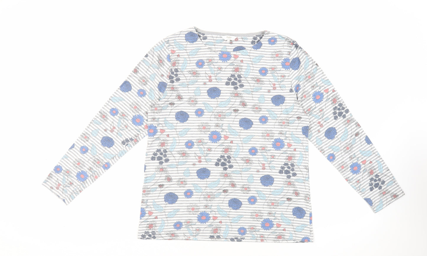 Cotton Traders Womens Grey Floral Cotton Basic T-Shirt Size 14 Round Neck