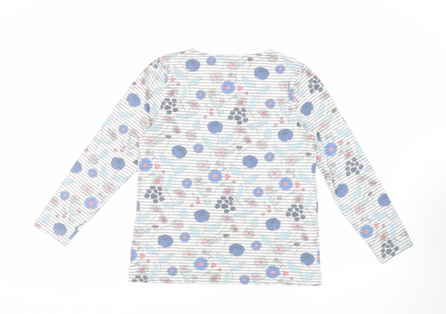 Cotton Traders Womens Grey Floral Cotton Basic T-Shirt Size 14 Round Neck