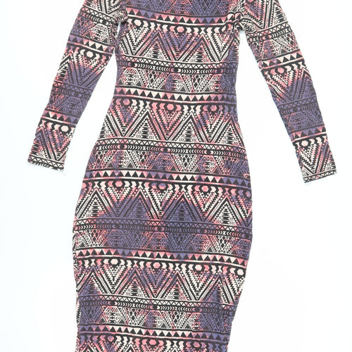 New Look Womens Multicoloured Geometric Viscose Bodycon Size 10 Boat Neck Pullover