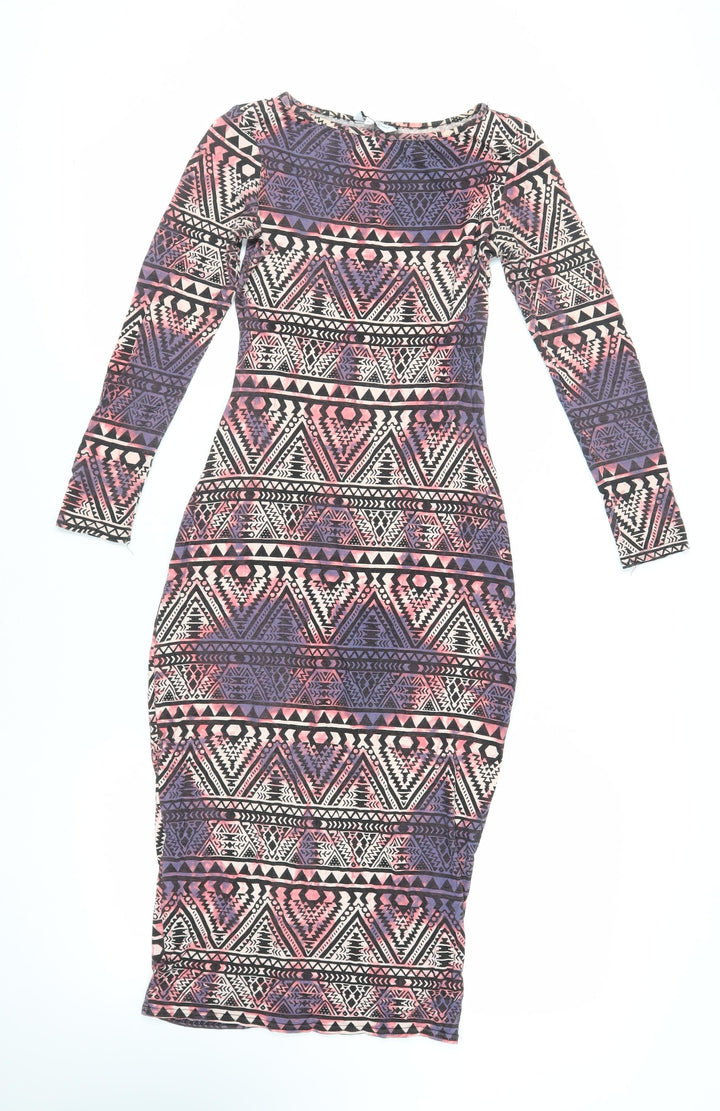 New Look Womens Multicoloured Geometric Viscose Bodycon Size 10 Boat Neck Pullover