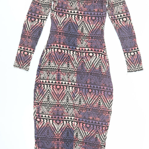 New Look Womens Multicoloured Geometric Viscose Bodycon Size 10 Boat Neck Pullover