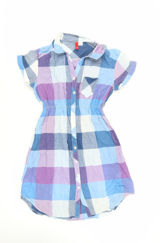 Divided by H&M Womens Blue Check Cotton Shirt Dress Size 8 Collared Button - Elasticated Waist