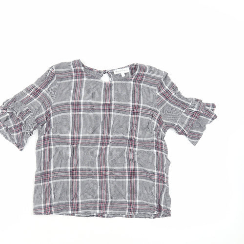 Warehouse Womens Blue Plaid Viscose Basic Blouse Size 6 Round Neck