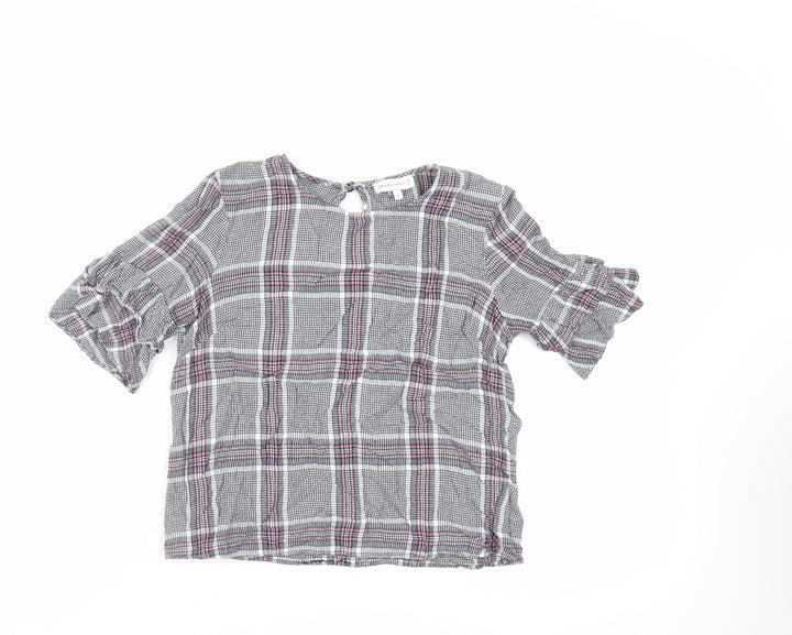 Warehouse Womens Blue Plaid Viscose Basic Blouse Size 6 Round Neck