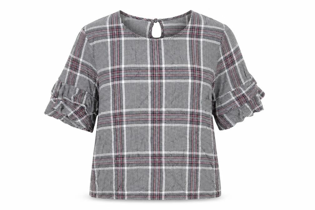 Warehouse Womens Blue Plaid Viscose Basic Blouse Size 6 Round Neck
