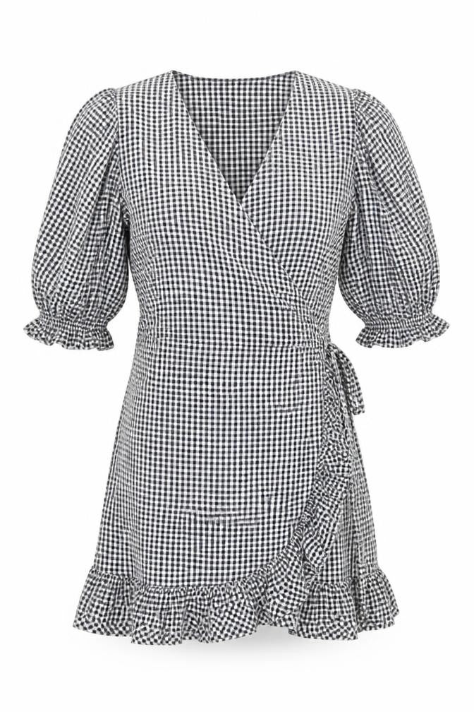 Front view of Next women’s black gingham viscose wrap dress, size UK 8, v-neck tie - ruffle