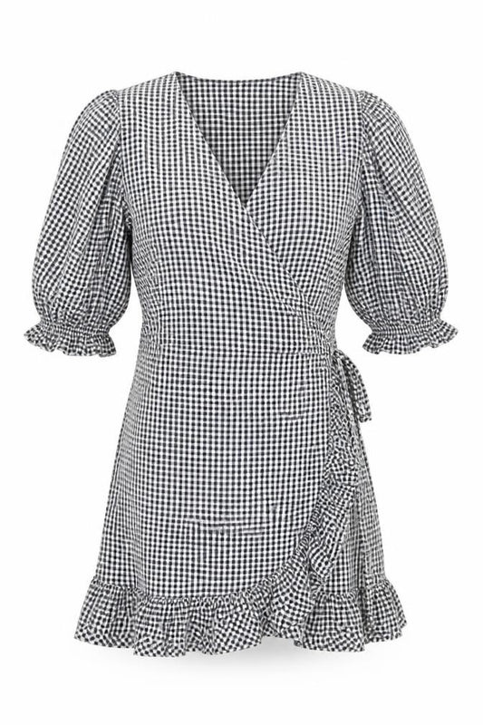 Front view of Next women’s black gingham viscose wrap dress, size UK 8, v-neck tie - ruffle