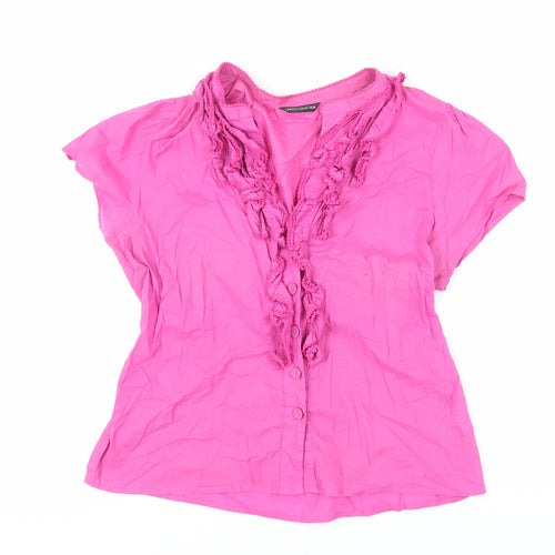 Marks and Spencer Womens Pink Cotton Basic Button-Up Size 16 V-Neck - Ruffle