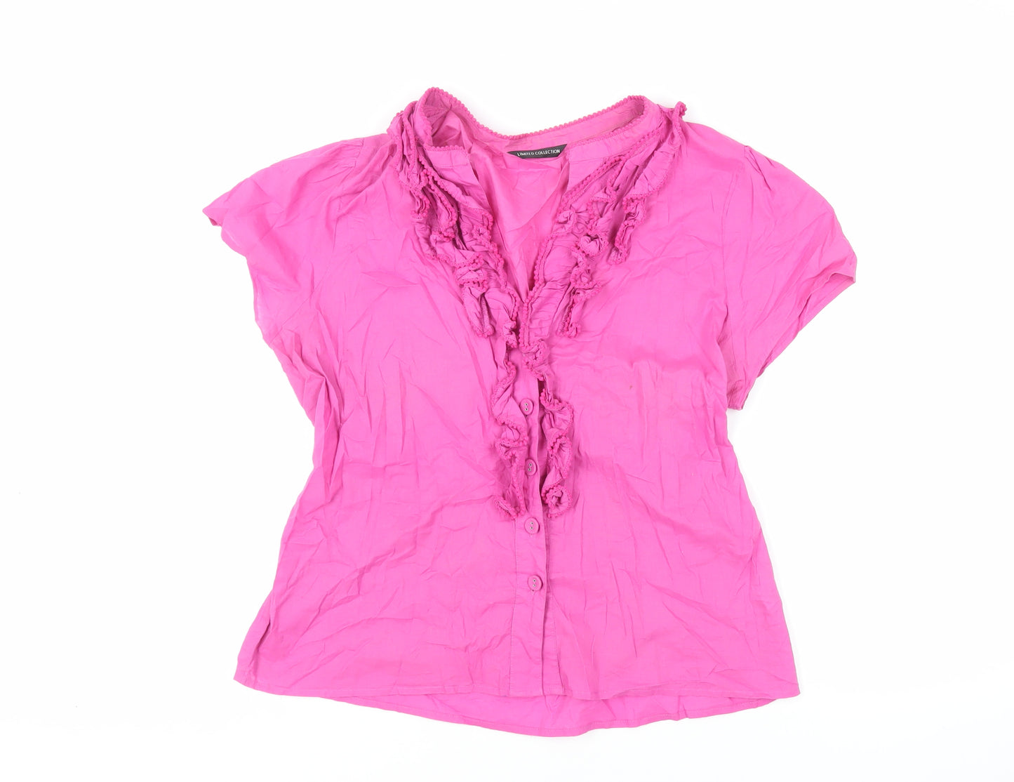 Marks and Spencer Womens Pink Cotton Basic Button-Up Size 16 V-Neck - Ruffle