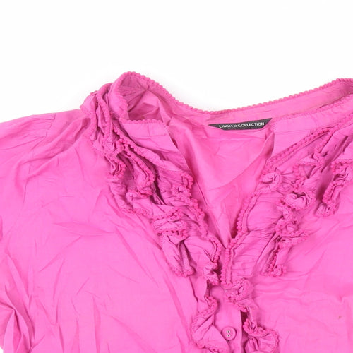 Marks and Spencer Womens Pink Cotton Basic Button-Up Size 16 V-Neck - Ruffle
