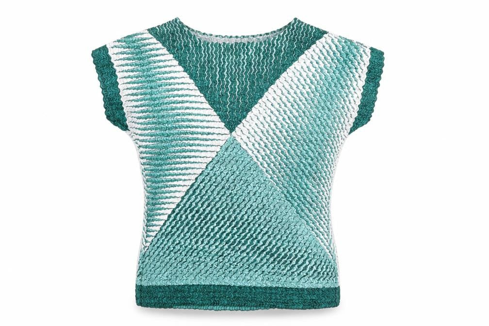 Front view of Eli & Irene women’s green geometric polyester basic blouse, size M, boat neck - textured