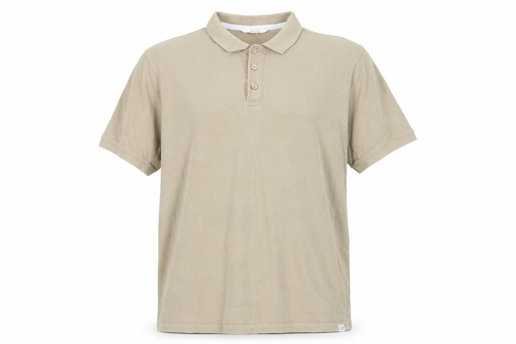 Front view of One Earth men’s beige cotton polo, size XL, collared button