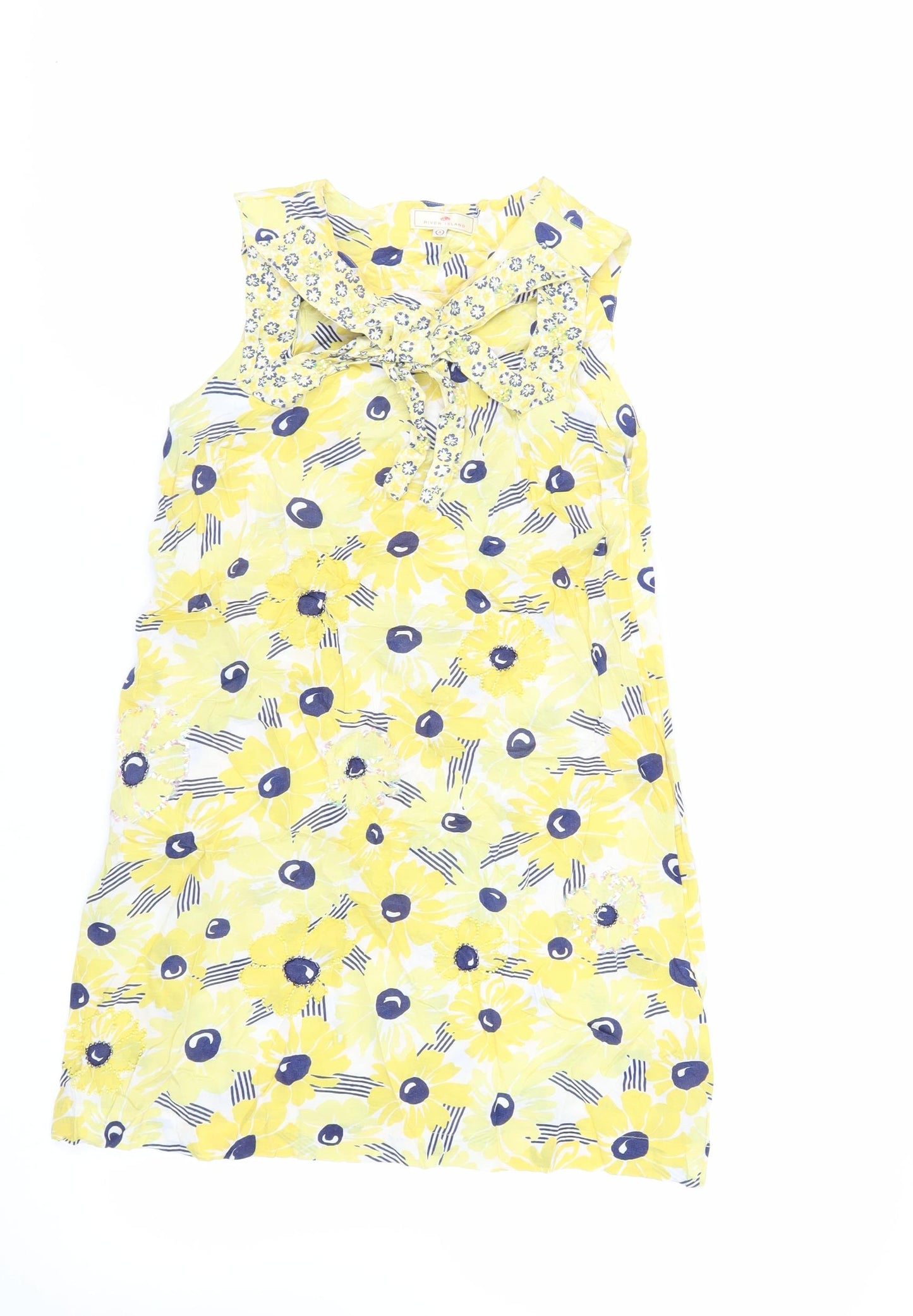 River Island Womens Yellow Floral Viscose Mini Size 8 Round Neck Zip - Beaded