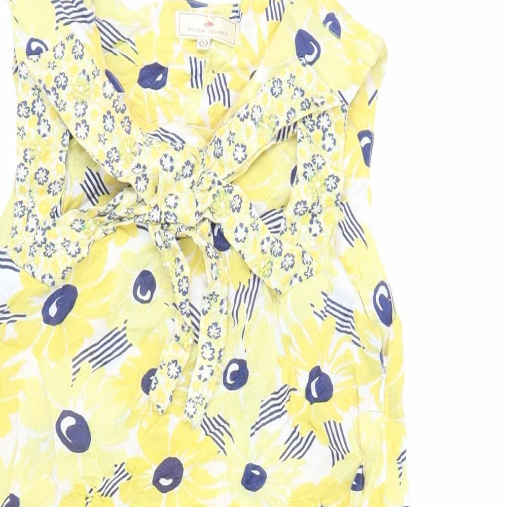 River Island Womens Yellow Floral Viscose Mini Size 8 Round Neck Zip - Beaded