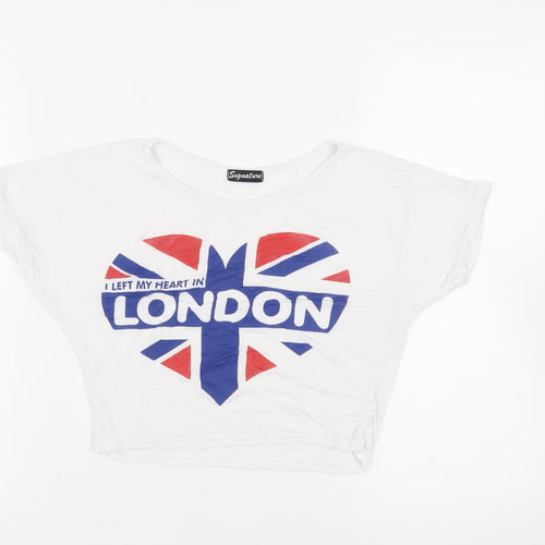 Signature Womens White Viscose Cropped T-Shirt Size M Round Neck - London Heart