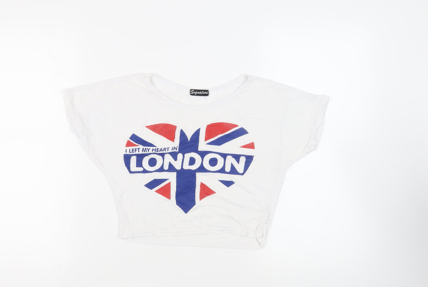 Signature Womens White Viscose Cropped T-Shirt Size M Round Neck - London Heart