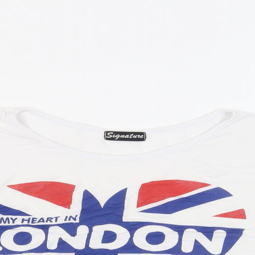 Signature Womens White Viscose Cropped T-Shirt Size M Round Neck - London Heart