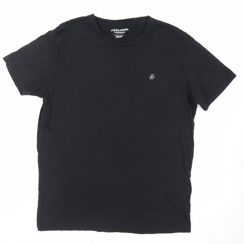 JACK & JONES Mens Black Cotton T-Shirt Size M Crew Neck - Logo