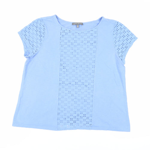 Laura Ashley Womens Blue Cotton Basic T-Shirt Size 14 Round Neck - Broderie Anglaise