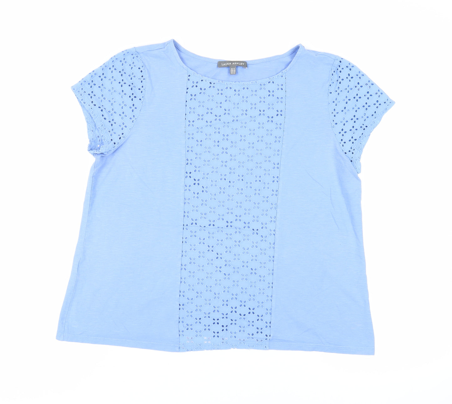 Laura Ashley Womens Blue Cotton Basic T-Shirt Size 14 Round Neck - Broderie Anglaise
