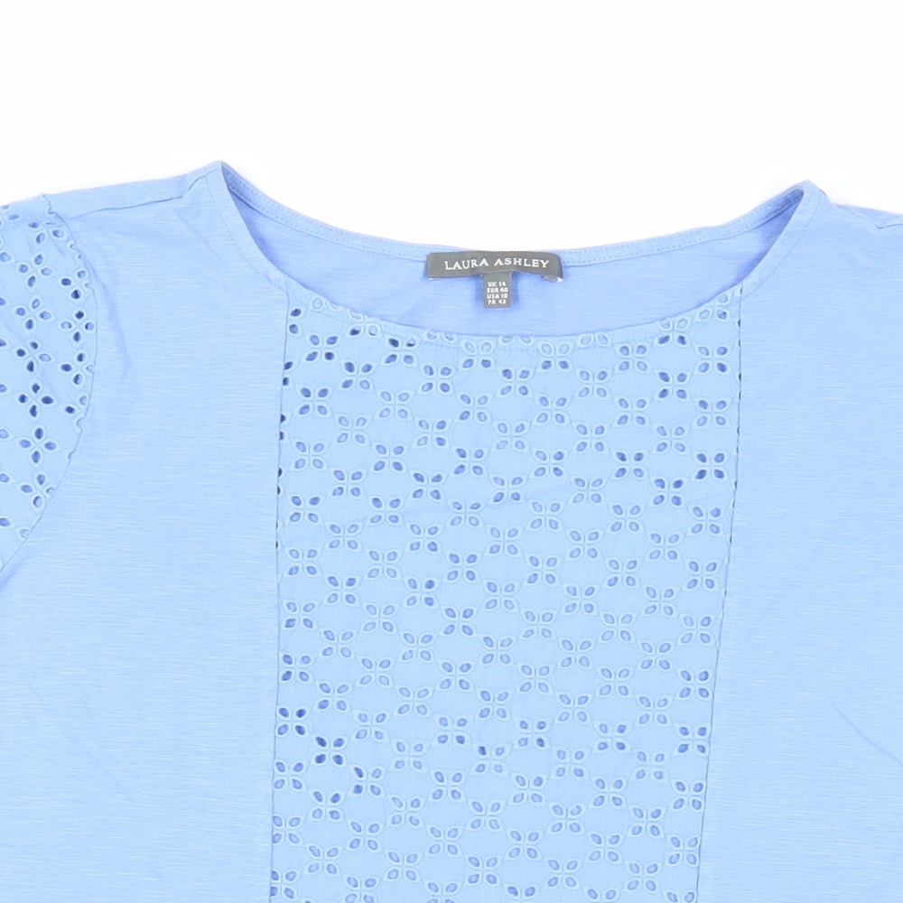 Laura Ashley Womens Blue Cotton Basic T-Shirt Size 14 Round Neck - Broderie Anglaise