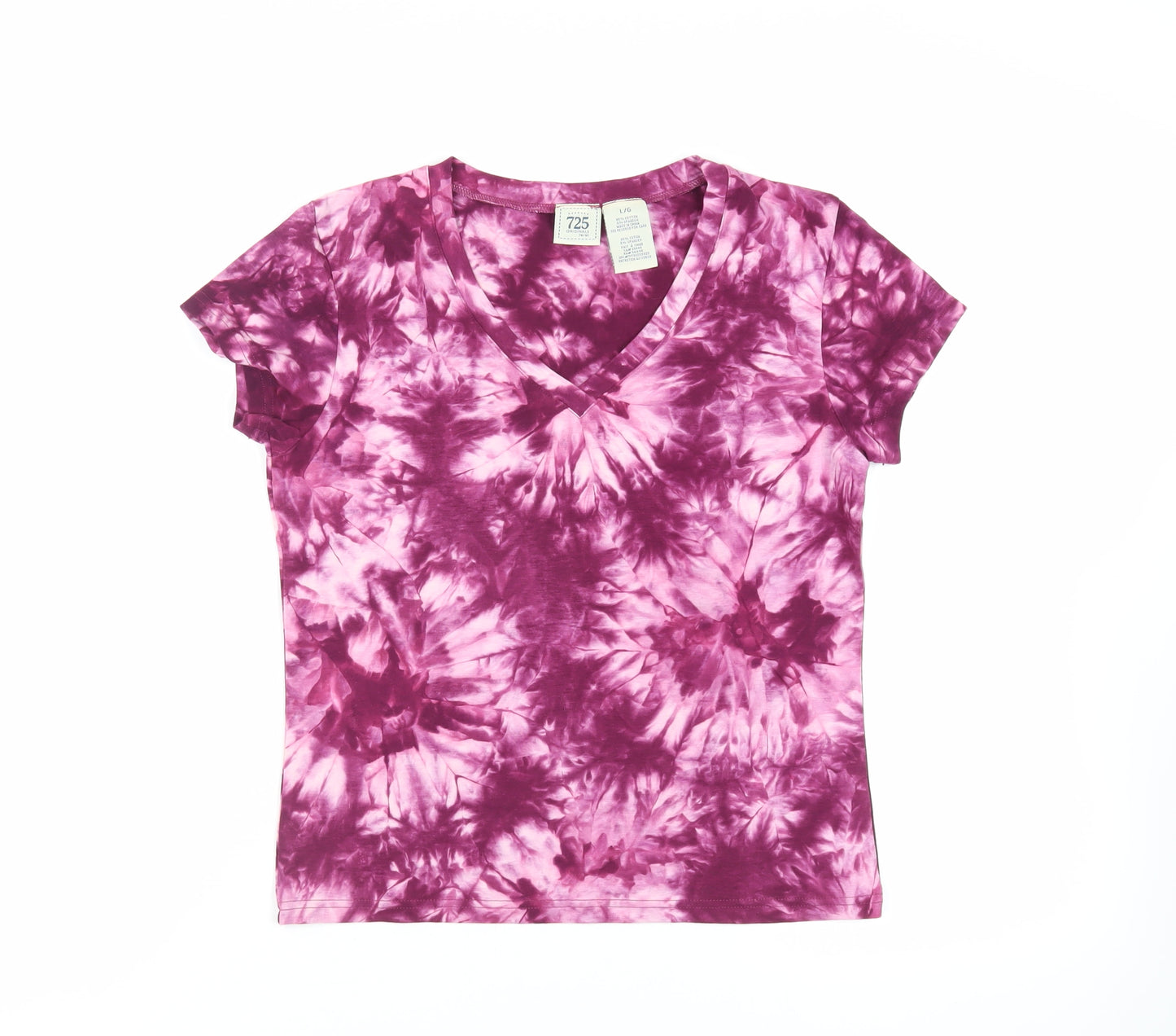 725 Originals Womens Purple Cotton Basic T-Shirt Size L V-Neck - Tie Dye