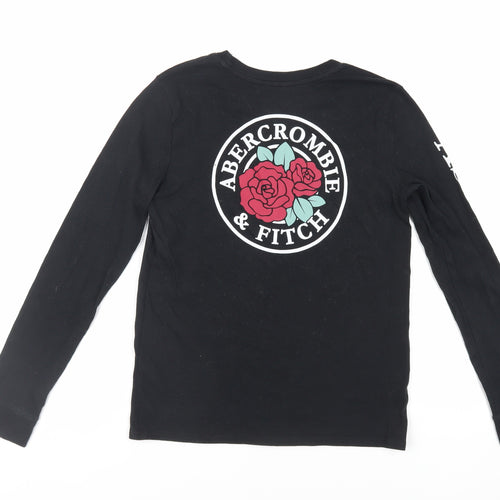 abercrombie kids Girls Black Cotton Pullover T-Shirt Size 11-12 Years Crew Neck Pullover - Logo