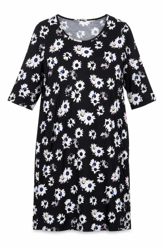 Anthology Womens Black Floral Polyester T-Shirt Dress Size 20 Round Neck Pullover