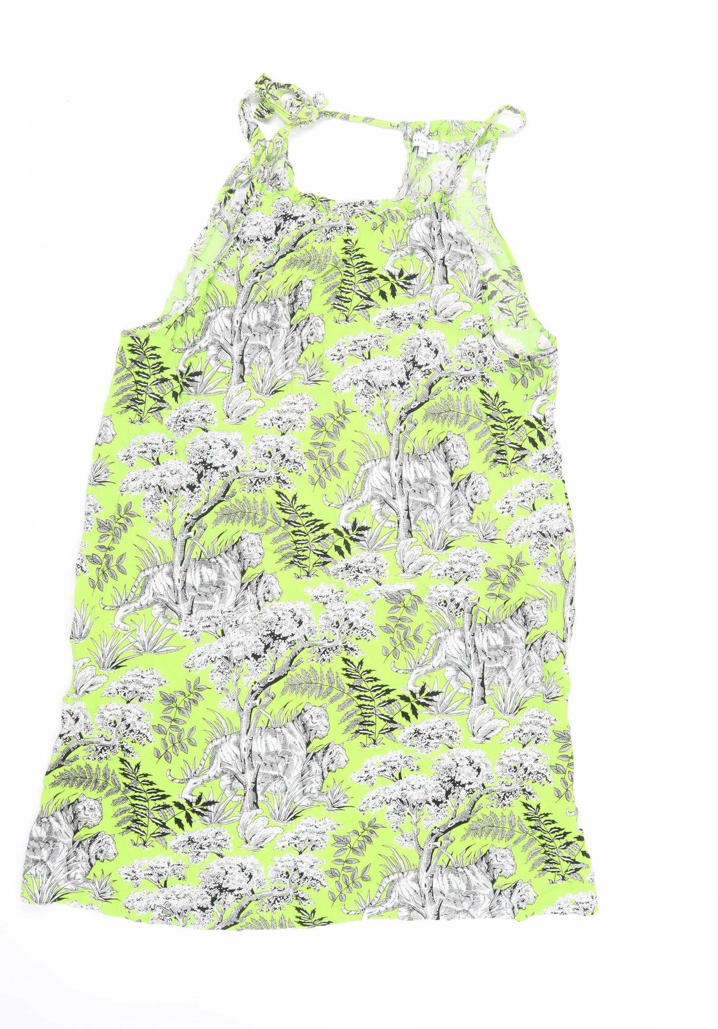 Warehouse Womens Green Geometric Viscose Tank Dress Size 16 Round Neck Tie - Wild Cat Print