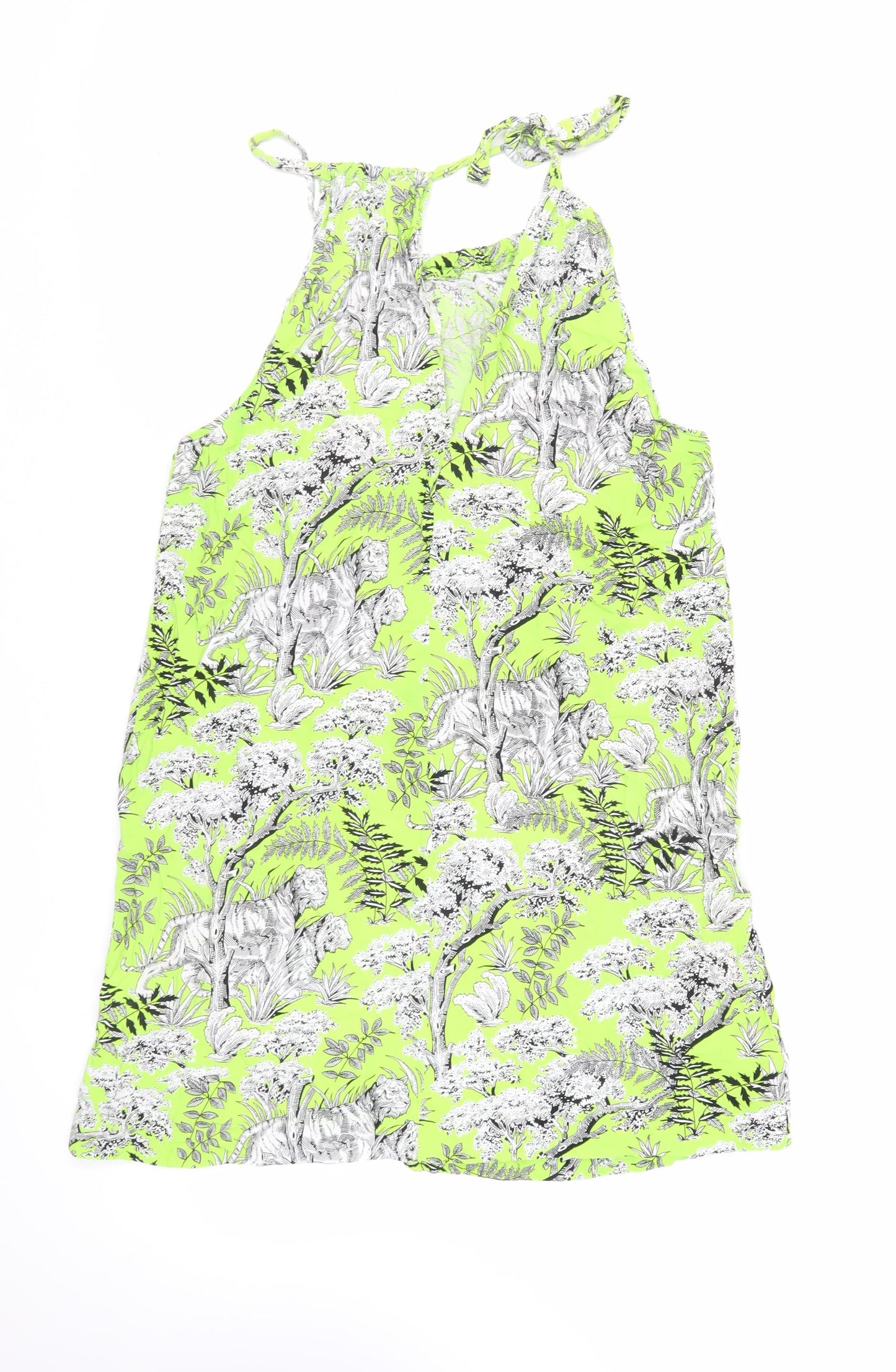 Warehouse Womens Green Geometric Viscose Tank Dress Size 16 Round Neck Tie - Wild Cat Print