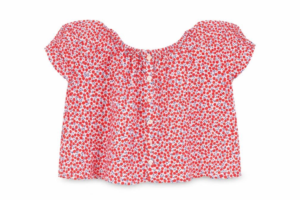 Front view of Next girls’ red geometric viscose basic blouse, size 12, years off the shoulder pullover