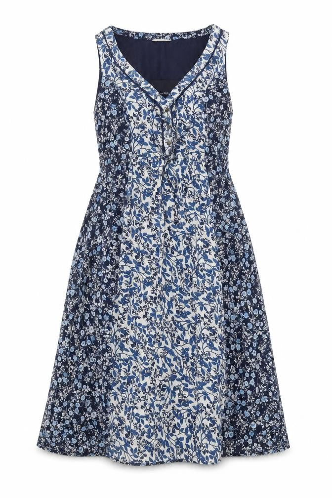 Front view of Indigo Collection women’s blue floral polyester a-line, size UK 8, v-neck drawstring