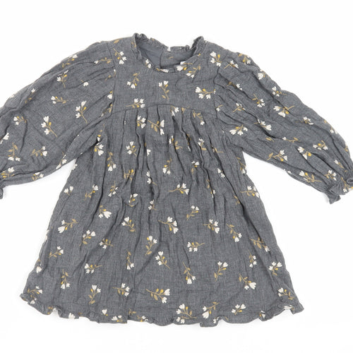 Zara Girls Grey Floral Cotton A-Line Size 2-3 Years Round Neck Button